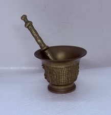 Antique Spanish Bronze Mortar and Pestle Woman’s Head Embossed Art 3” Heavy X picture