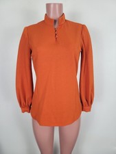 VTG 70s Orange Mock Neck Top Retro Edwardian Revival Puff Sleeve Blouse Medium picture