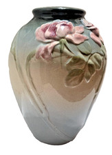 VINGTAGE WELLER  ETNA  ART POTTERY VASE IN BLUE PINK ROSE FROM 1906  13'' TALL picture
