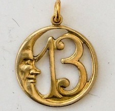 LUCKY 13 Crescent Moon Pendant Charm. Gold Tone.  Retro Vintage style Good Luck. picture