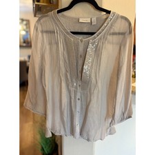 Chico's Gray Lightweight Gauze Top 3/4 Sleeve Button Front Sequin Detail Size 1 picture