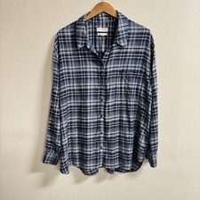 Treasure & Bond Women’s 2X Boyfriend Plaid Button Down Shirt Blue Navy White picture