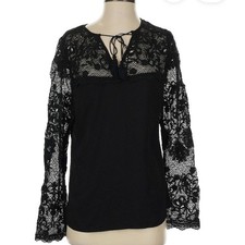 Adiva Black Floral Embroidered Long Sleeve Sheer Lace Yokes Blouse, Sz XL picture