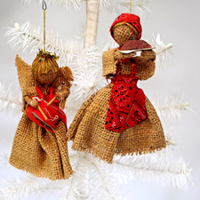 2 Vintage 1960s Burlap Christmas Ornaments Drummer Angel & Cook Baker 6