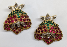 VTG Jomaz Joseph Mazer Green & Red Rhinestone Flower Gold Tone Clip on Earrings picture