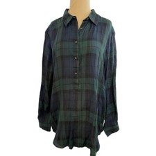 NWT LOFT XL Blue Green Plaid Button Down Shirt Blouse MSRP 49.99 picture
