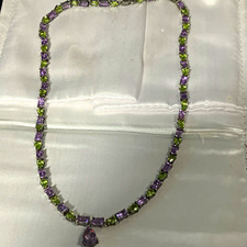 929  Silver vintage Tennis Necklace Amethyst & Peridot Pear Drop Pendant 18” picture