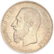 1873 Belgium Silver Five 5 Francs Leopold II Large Coin Brussels Mint 9M picture