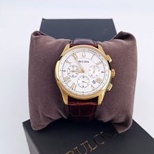 Bulova Men Wilton White White Dial Brown Leather 97B169 Chronograph Watch 46.5mm picture