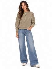 The Great. The Trail Half Zip Sweatshirt Taupe Tan Textured Fleece Size 1 Small picture