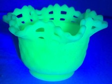 Vintage Fenton Uranium Glass Basket Weave Ruffle Lace Edge Satin Yellow Bowl picture