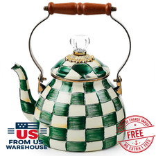 MacKenzie-Childs Emerald Check Tea Kettle 2 Qt Enamel Stovetop picture