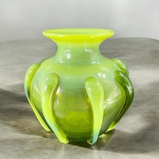 Antique Bohemian Hand Blown Green Opalescent Applied Glass Vase Vessel Vintage picture