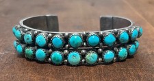 WOW VINTAGE PUEBLO INDIAN TURQUOISE INGOT SILVER 2 ROW BRACELET 1920s-early 30s picture