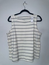 NWT 100% Cotton Loft Striped Tank Top Size L White Blue Side Button Sleeveless picture