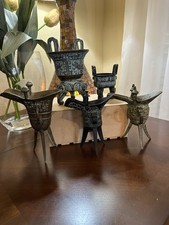 VTG 5 Chinese Archaistic Bronze/brass Vessels Jue Ding Tripod Taotie Patina picture
