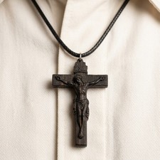 Classic Crucifix Necklace, Handcrafted Reclaimed Ebony Wood Cross Pendant picture