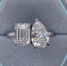 4 Ct Pear Emerald Lab Grown Diamond Toi Et Moi Engagement Ring 14K White Gold picture