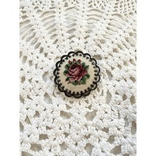 Vintage 1950s Hand Stitched Petit Point Red Rose Brooch Brass Scalloped Frame picture
