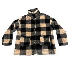 SHEIN Black Tan Buffalo Check Fleece Fuzzy Jacket Neck Button Size Large picture