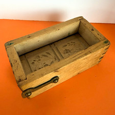 Antique 19thC Primitive Wooden Brick Butter Mold Box Wheat Floral Carved Latch picture