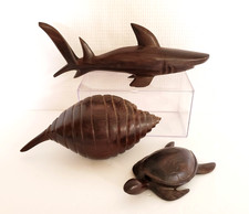 Hand Carved Ironwood Sea Life Sculptures Shark Turtle & Seashell Nautical Beach picture