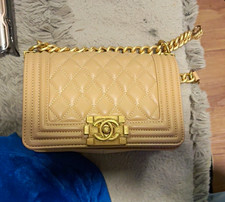 CHANEL Boy Beige Quilted Shoulder Bag Gold Chain Strap Turn Lock Closure picture