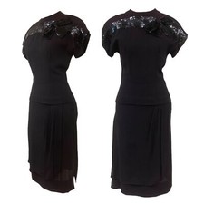 Vtg Vintage 1940s 40s Two Piece Bombshell Rockabilly Black Sequin Bow Skirt Set picture