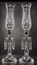 Pair Antique Baccarat Medallion Crystal Hurricane Luster Candlesticks 24