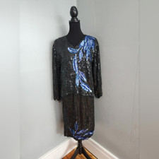 Vintage Royal Feelings 100% Pure Silk Black Blue Sequin 2 Pc Set Size Large picture