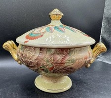 Vtg Royal Moriage Satsuma Floral Compote Tureen Dish w/Lid Gold Handles Japan 8” picture