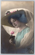 RPPC Elegant Young Woman Portrait Beautiful Large Fashion Hat Postcard Colored picture