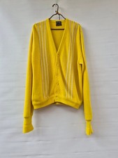 Vtg 60s Towncraft Plus Cardigan Sweater L Yellow Striped Mod Grunge Grandpa Core picture