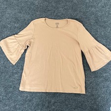 Jones New York Signature Tan Beige Ruffle Bell Sleeve Top XL JNYC Gold Plaque picture
