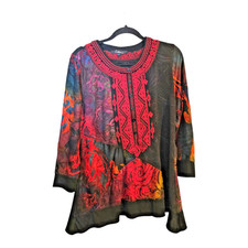 Calessa Embroidered Tunic 3/4 Button Long Sleeve Cutout Boho Large Lagenlook picture