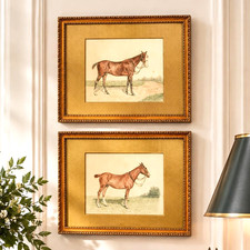 Pair Antique English Horse Portraits Silk Hand Painted Equestrian Sporting Art picture