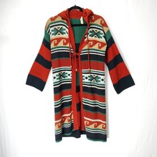 Vtg 70s Aztec Cardigan Duster Womens M 70s Rustic Western Winter Boho Hooded Tie picture