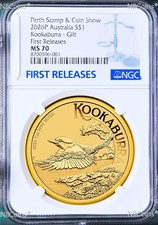 2026 PERTH STAMP & COIN SHOW Kookaburra 1oz .9999 Silver $1 Gilt Coin MS70 picture