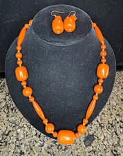 Vintage Orange Bakelite- Rare Graduated Bead Necklace & Earring Set picture