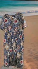 Hilo Hattie Hawaii House Dress XL Hawaiian Mumu Button Front Blue Red Vintage picture