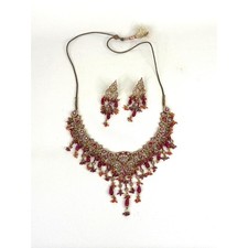 Kundan Bollywood Style India Bridal Set Necklace Earrings Pink Gold Tone picture