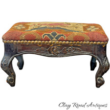 Antique 19th C French Louis XV Carved Wood Footstool Needlepoint Upholstery picture