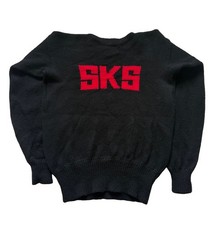 Vintage 1950s Wool Boat Neck Varsity Letterman Knit Sweater RecKnit SKS Graphic picture