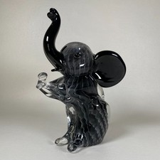Formia Vetri Di Murano Art Glass Elephant Black Silver Italy Trunk Up 5.75