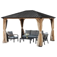 Aoodor 12FT x 10FT Hardtop Gazebo Wooden Finish Coated Aluminum Frame w/Curtains picture