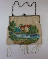 Antique Micro Beaded Purse, Silver Frame & Chain, Lake Estate Landscape Scene picture