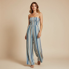 Band of Gypsies Strapless Smocked Wide Leg Jumpsuit Blue Striped Boho Small picture