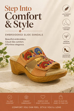 Alegria Linn Embroidered Leather Slip On Wedge Sandals Cognac Women's Size 6-6.5 picture