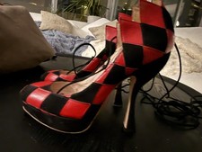 Miu Miu 2008 Harlequin Red Black Checkerboard Platform Heels Vintage size 37 picture