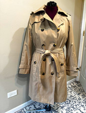 London Fog Women’s Beige Double-Breasted Belted Hooded Lined Trench Coat M picture